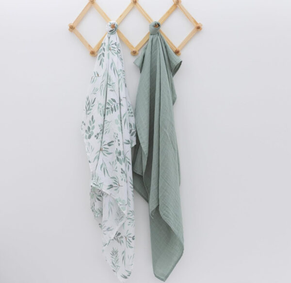 Organic Baby Muslin Swaddle Blankets for Boy or Girl - Eucalyptus Leaves and Sage Swaddling Blanket 2 Pack - Soft Muslin, XLarge and Breathable, Boho Baby, 47" X 47"