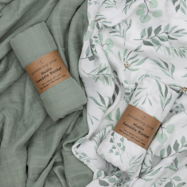 Organic Baby Muslin Swaddle Blankets for Boy or Girl - Eucalyptus Leaves and Sage Swaddling Blanket 2 Pack - Soft Muslin, XLarge and Breathable, Boho Baby, 47" X 47"