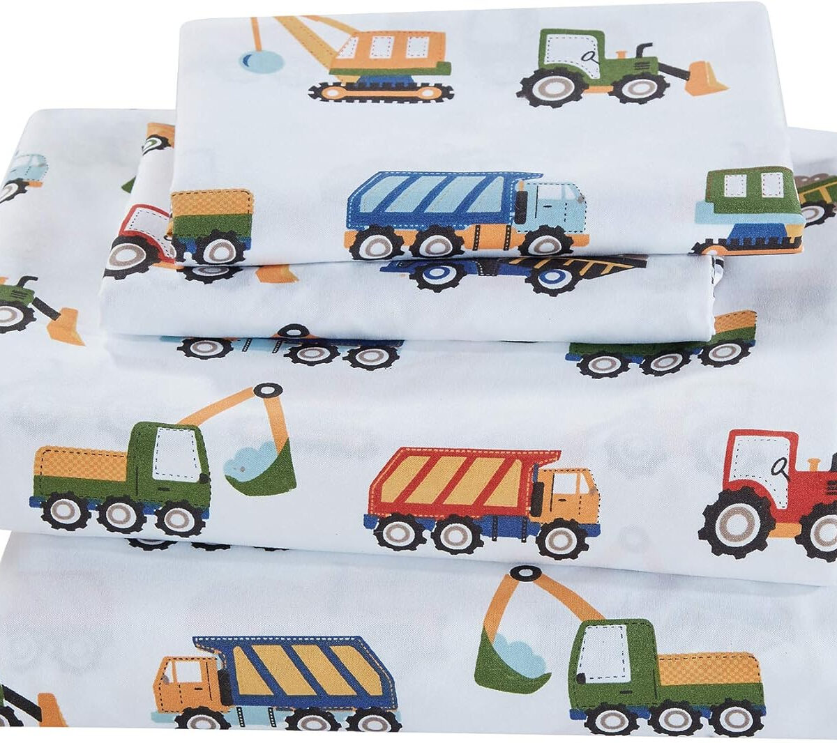 688b9ca3cee372276e518eda2f61ea27548a4ede19bf00886890b.jpg Linen Plus Sheet Set for Kids Construction Tractors Excavators Loaders Dump Trucks Compactors White Blue Red Green Yellow Grey Flat Fitted and Pillow case Twin Size New