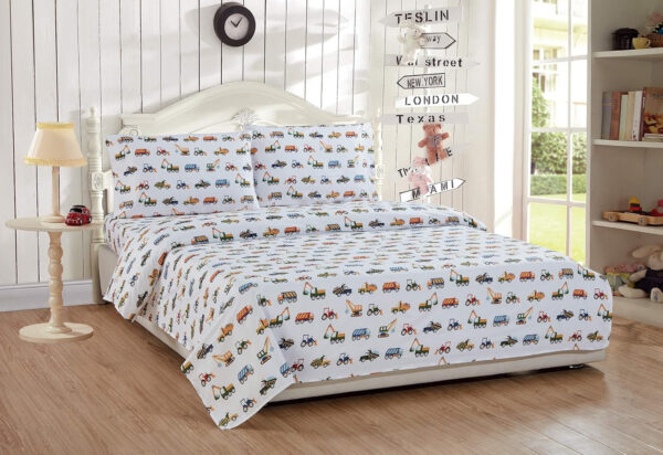 688b9ca5519744a11f0e44606e7d208f4a638a8037b1c9ae4e49c.jpg Linen Plus Sheet Set for Kids Construction Tractors Excavators Loaders Dump Trucks Compactors White Blue Red Green Yellow Grey Flat Fitted and Pillow case Twin Size New