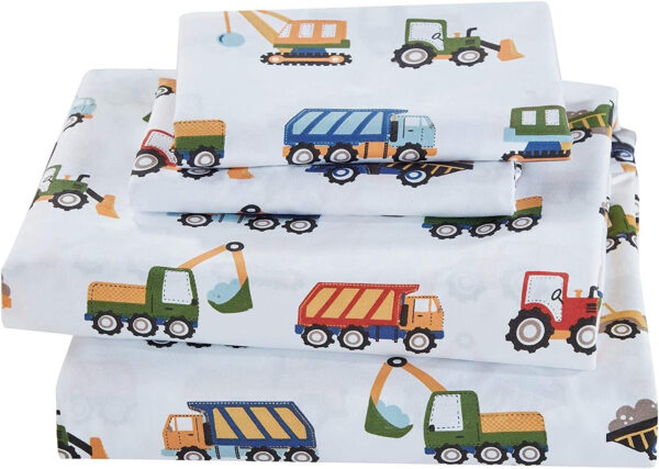 688b9ca662601d356509ec44297a57bc22158faaa4daa1358c629.jpg Linen Plus Sheet Set for Kids Construction Tractors Excavators Loaders Dump Trucks Compactors White Blue Red Green Yellow Grey Flat Fitted and Pillow case Twin Size New