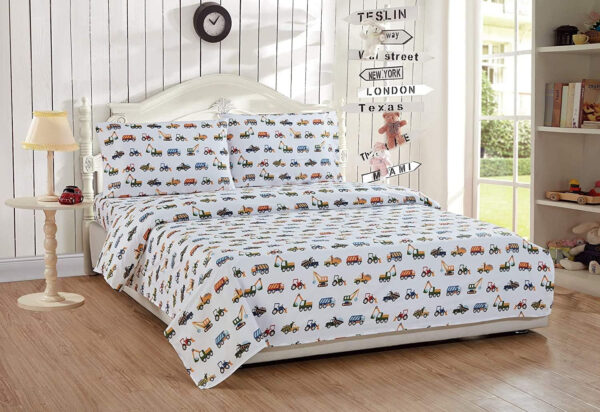 688b9ca78bbd007affd5470b5db1bb6fe90a57e8c890a2d200bbe.jpg Linen Plus Sheet Set for Kids Construction Tractors Excavators Loaders Dump Trucks Compactors White Blue Red Green Yellow Grey Flat Fitted and Pillow case Twin Size New