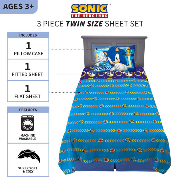Franco Kids Bedding Super Soft Microfiber Sheet Set, Twin, Sonic The Hedgehog, Anime
