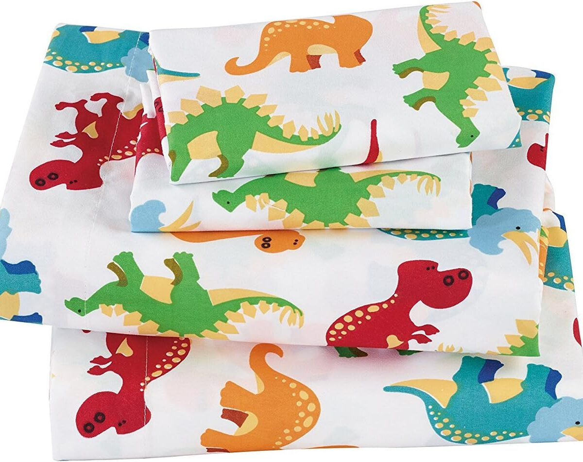 Linen Plus Sheet Set for Kids/Teens Dinosaur Jurassic White Orange Blue Red Green Yellow Flat Sheet Fitted Sheet and Pillow Cases Full Size New