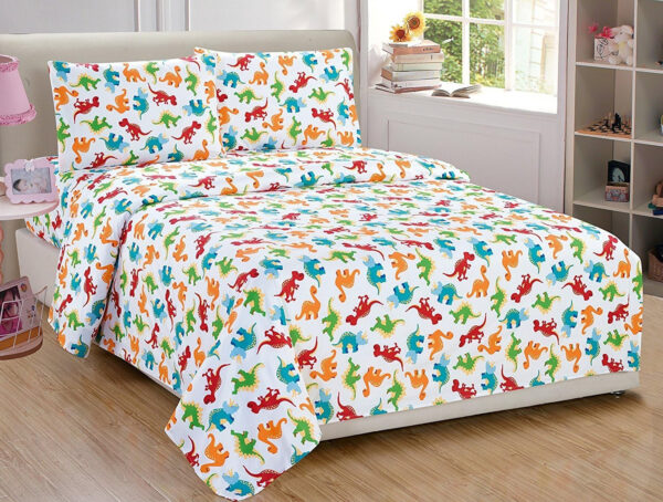 688b9ebf9c9bf9cc969804b06bdba484805e1e310112eb6e20658.jpg Linen Plus Sheet Set for Kids/Teens Dinosaur Jurassic White Orange Blue Red Green Yellow Flat Sheet Fitted Sheet and Pillow Cases Full Size New