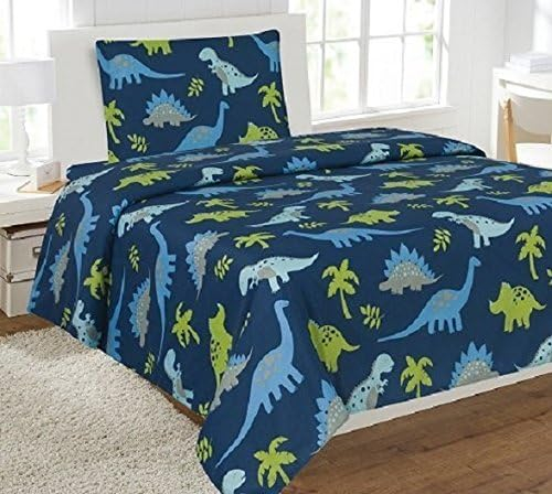 Linen Plus Sheet Set for Boys/Teens Dinosaur Jurassic Dark Blue Green Grey Light Blue Flat Sheet Fitted Sheet and Pillow Cases Full Size New