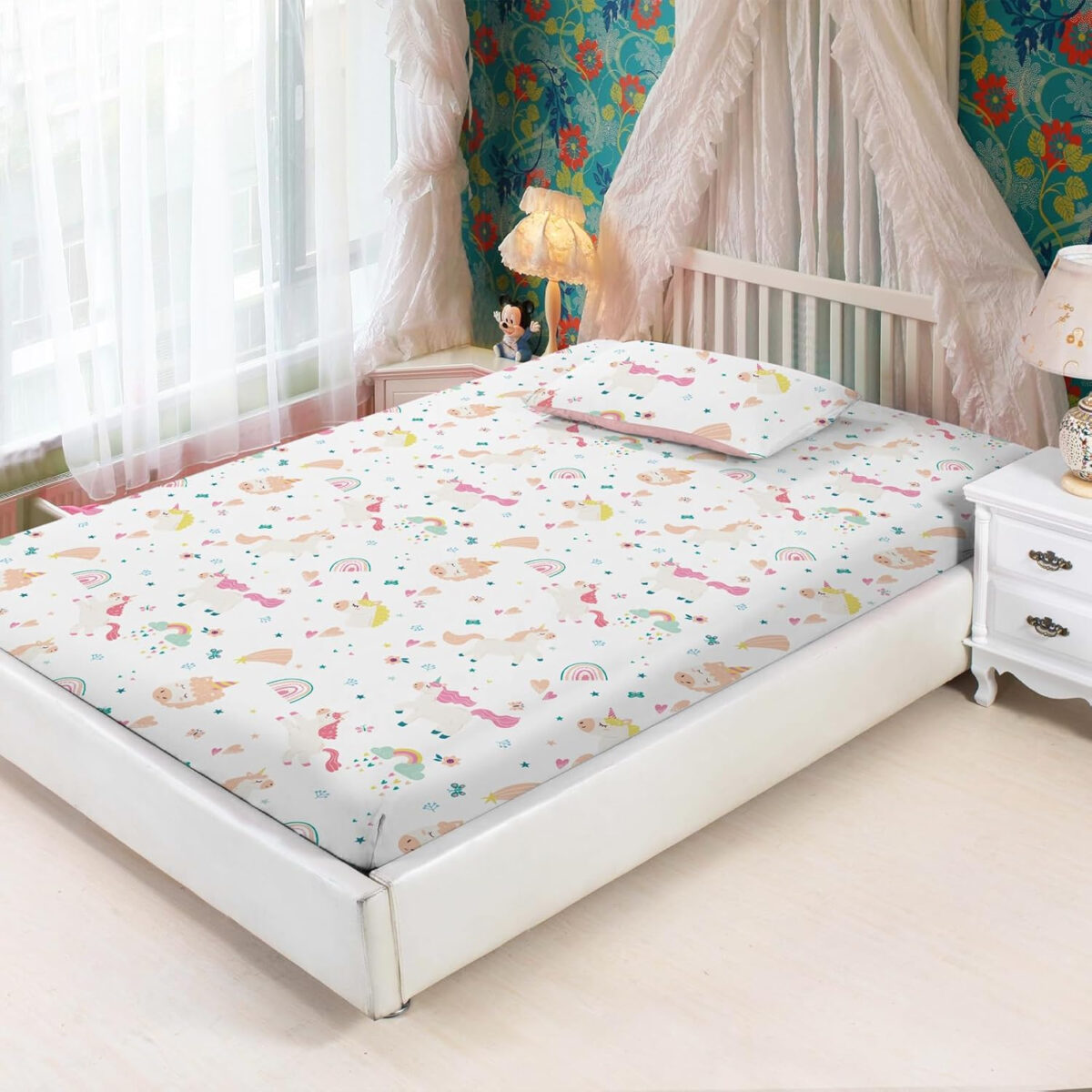 Unicorn Fitted Sheet Set Twin Size Pink Flower Rainbow Bedding Set for Girls Cute Star Multi-Colour Sheet Microfiber Kids Twin Sheets with 1 Pillowcases Girls Sheets