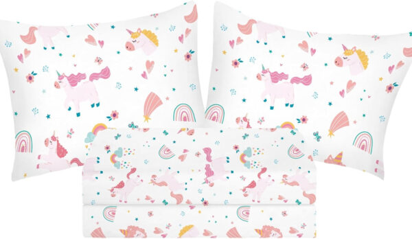 Unicorn Fitted Sheet Set Twin Size Pink Flower Rainbow Bedding Set for Girls Cute Star Multi-Colour Sheet Microfiber Kids Twin Sheets with 1 Pillowcases Girls Sheets