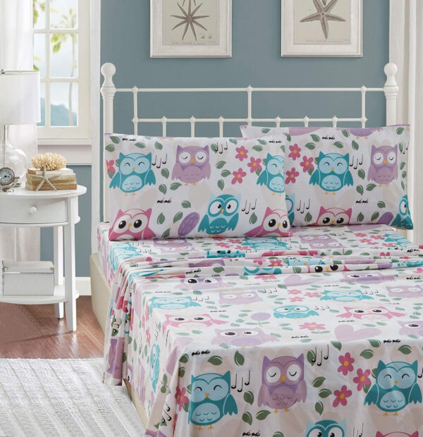 Sheet Set For Girls/Teens Multi-Color Owls Aqua Pink Purple Singing Owl Hearts Flower Leaves New  Owl (Full)