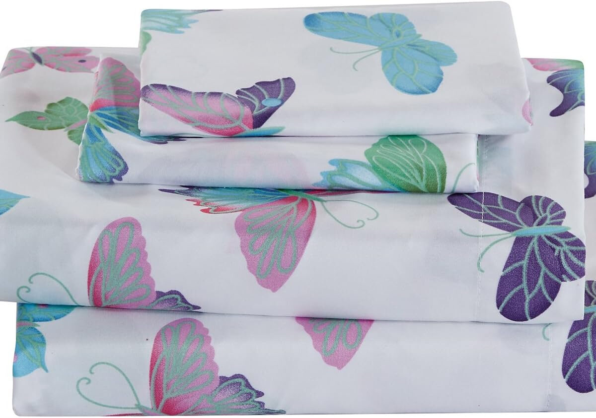 Linen Plus Sheet Set for Girls/Teens/Adults Butterflies Purple White Green Turquoise Pink Butterfly Flat Sheet Fitted Sheet and Pillow case Twin Size New