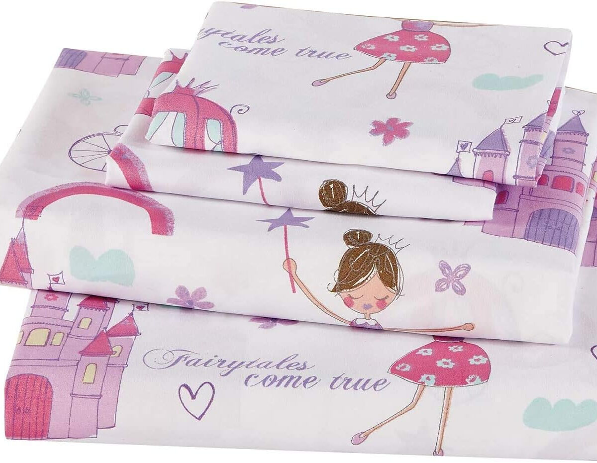 Linen Plus Sheet Set for Girls/Teens Fairy Tales Castle Princess Carriage Fairies Magic Pink Lavender White Flat Sheet Fitted Sheet and Pillow case Twin Size New