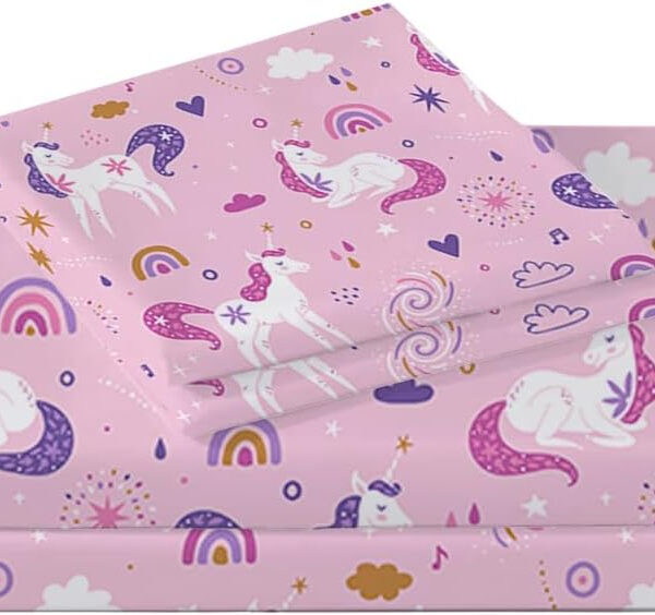 Bed Sheets for Kids Girls, Soft Microfiber Twin Sheets Set 3 Piece Deep Pocket Bed Sheet Set, Breathable Sheet Sets Twin Size Bed Pink Unicorn Printed