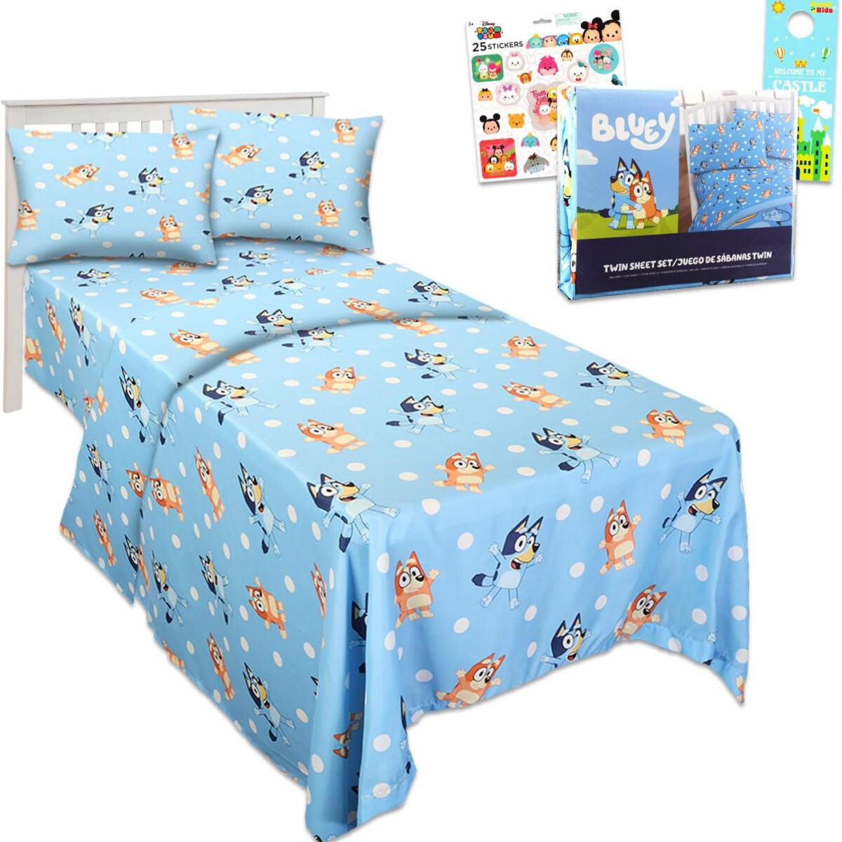 Bluey Twin Bedding Set - Bundle With Bed Sheets, Flat Sheet, Fitted Sheet, Pillowcase, and Stickers | For Boys and Girls