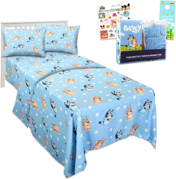 Bluey Twin Bedding Set - Bundle With Bed Sheets, Flat Sheet, Fitted Sheet, Pillowcase, and Stickers | For Boys and Girls