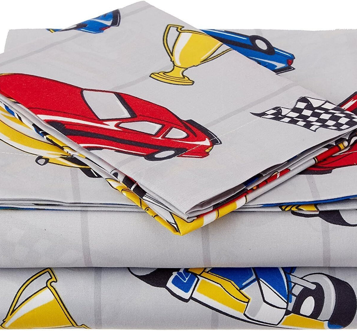 Linen Plus Sheet Set for Boys/Teens Race Cars Flags Champion Grey Yellow Red Blue Black White Flat Sheet Fitted Sheet and Pillow Cases Full Size New