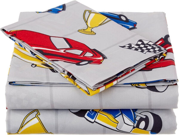Linen Plus Sheet Set for Boys/Teens Race Cars Flags Champion Grey Yellow Red Blue Black White Flat Sheet Fitted Sheet and Pillow Cases Full Size New