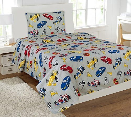 Linen Plus Sheet Set for Boys/Teens Race Cars Flags Champion Grey Yellow Red Blue Black White Flat Sheet Fitted Sheet and Pillow Cases Full Size New