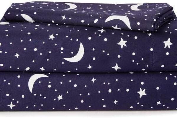 Heritage Kids 4 Piece Full Sheet Set,Constellation Outerspace with Moon and Stars Pattern, Cozy and Durable with 2 Pillow Cases, 1 Fitted Sheet, 1 Flat Sheet