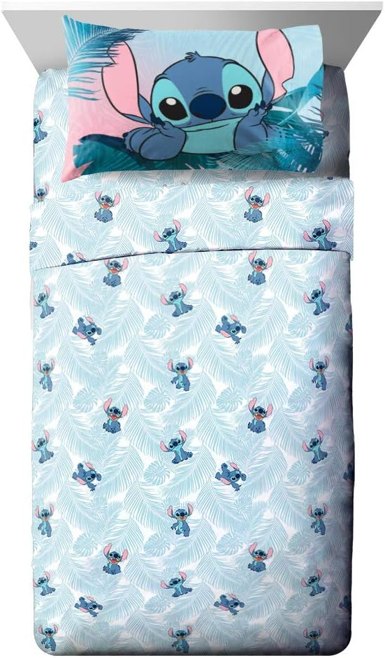 Jay Franco Disney Lilo & Stitch Floral Fun Queen Sheet Set - 4 Piece Set Super Soft and Cozy Kid’s Bedding - Fade Resistant Microfiber Sheets (Official Disney Product)