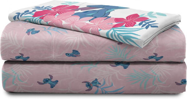 Jay Franco Disney Lilo & Stitch Floral Fun Queen Sheet Set - 4 Piece Set Super Soft and Cozy Kid’s Bedding - Fade Resistant Microfiber Sheets (Official Disney Product)