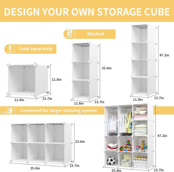 VIPZONE Baby Closet,Dresser, Kids Closet Organizers, Portable Kids Wardrobe for Closet, Bedroom, Nursery, Cubby, Cabinet, Clothes, Dress, Baby Storage Shelf, Armoire Clothes Hanging (12 Cube, White)