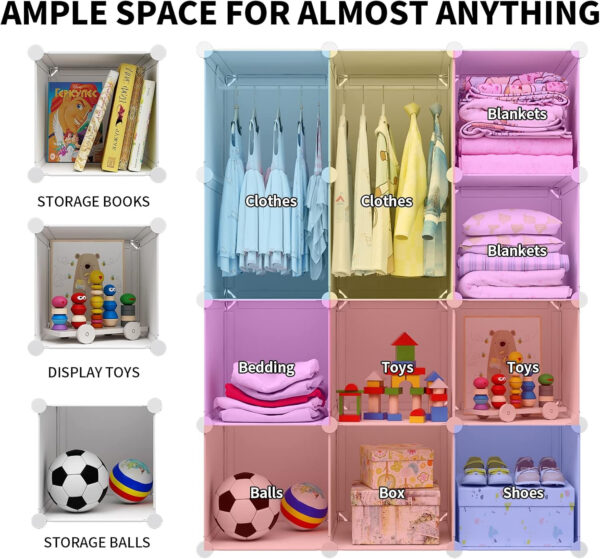 VIPZONE Baby Closet,Dresser, Kids Closet Organizers, Portable Kids Wardrobe for Closet, Bedroom, Nursery, Cubby, Cabinet, Clothes, Dress, Baby Storage Shelf, Armoire Clothes Hanging (12 Cube, White)