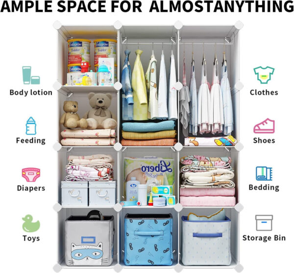 VIPZONE Baby Closet,Dresser, Kids Closet Organizers, Portable Kids Wardrobe for Closet, Bedroom, Nursery, Cubby, Cabinet, Clothes, Dress, Baby Storage Shelf, Armoire Clothes Hanging (12 Cube, White)