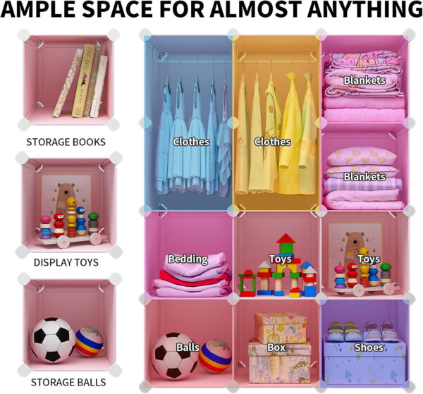 VIPZONE Baby Closet,Dresser, Kids Closet Organizers, Portable Kids Wardrobe for Closet, Bedroom, Nursery, Cubby, Cabinet, Clothes, Dress, Baby Storage Shelf, Armoire Clothes Hanging (12 Cube, White)