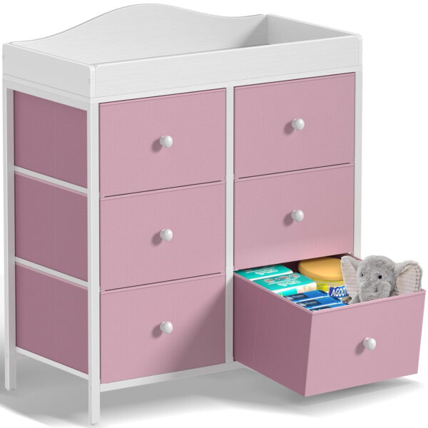 BOLUO Changing Table Dresser with 6 Fabric Drawers, Baby Dresser with Changing Table Top Diaper Changing Station with Storage for Nursery Modern