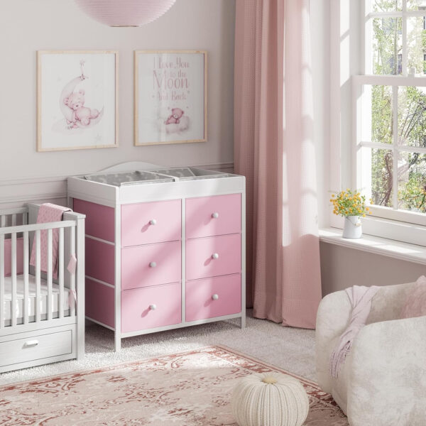 BOLUO Changing Table Dresser with 6 Fabric Drawers, Baby Dresser with Changing Table Top Diaper Changing Station with Storage for Nursery Modern