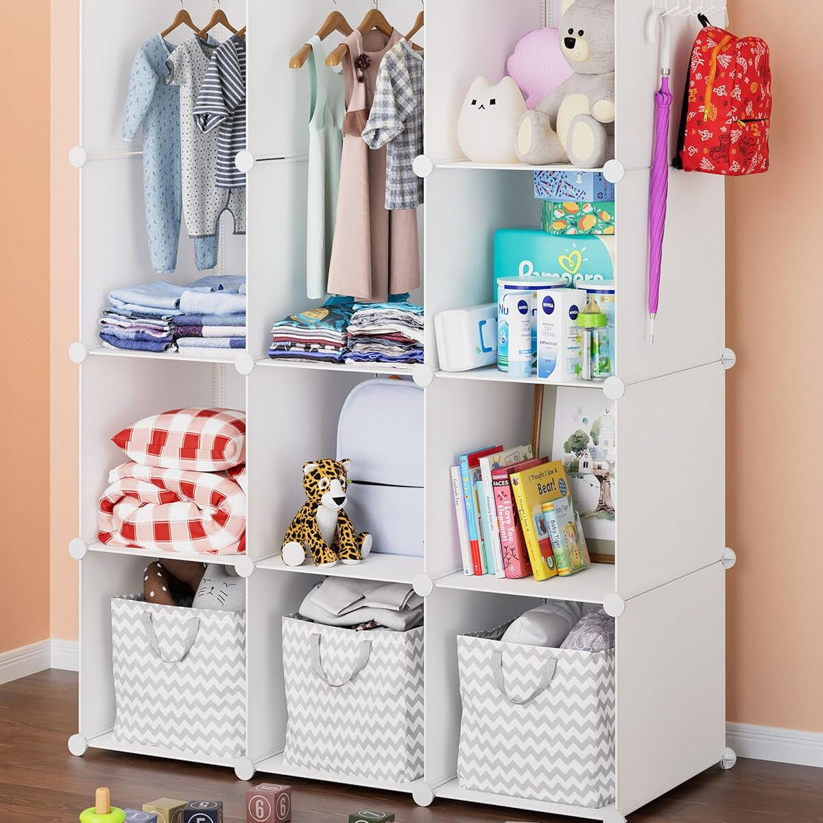 Baby Closet Organizer for Nursery: Durable Baby Wardrobe for Closet - Customizable Baby Dresser Amoire Shelves - Waterproof Shelf Clothes Organizer w/Wall Fixation (White)