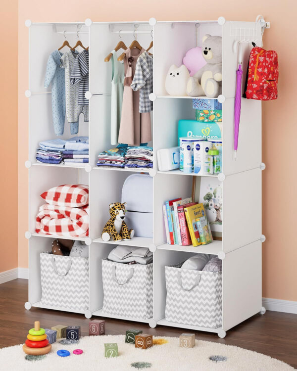 688bbe9ecad098256a931e7d1f207d79b4890f7e1db1b9b07cda8.jpg Baby Closet Organizer for Nursery: Durable Baby Wardrobe for Closet - Customizable Baby Dresser Amoire Shelves - Waterproof Shelf Clothes Organizer w/Wall Fixation (White)