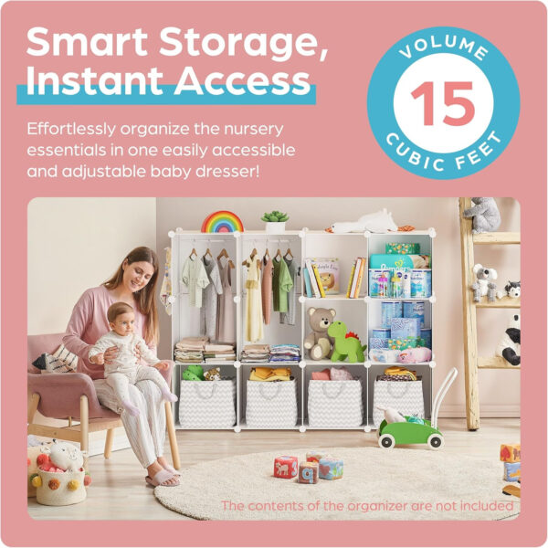 688bbea01e94fa03fe79027577c067cb19957a20c4f627422d487.jpg Baby Closet Organizer for Nursery: Durable Baby Wardrobe for Closet - Customizable Baby Dresser Amoire Shelves - Waterproof Shelf Clothes Organizer w/Wall Fixation (White)