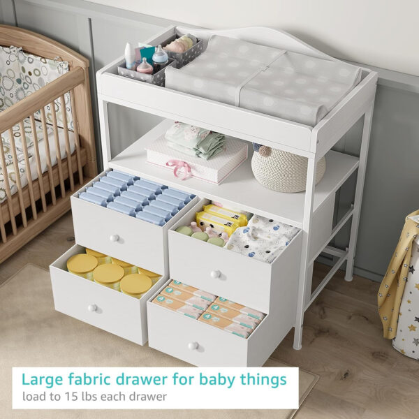 BOLUO Changing Table Dresser with 4 Fabric Drawers and Open Shelf, Baby Dresser with Changing Table Top Diaper Changing Station with Storage for Nursery Modern (White)