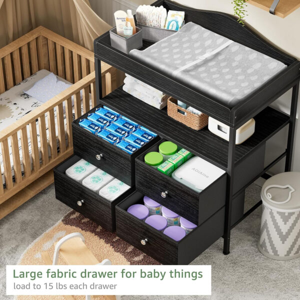 BOLUO Changing Table Dresser with 4 Fabric Drawers and Open Shelf, Baby Dresser with Changing Table Top Diaper Changing Station with Storage for Nursery Modern (White)