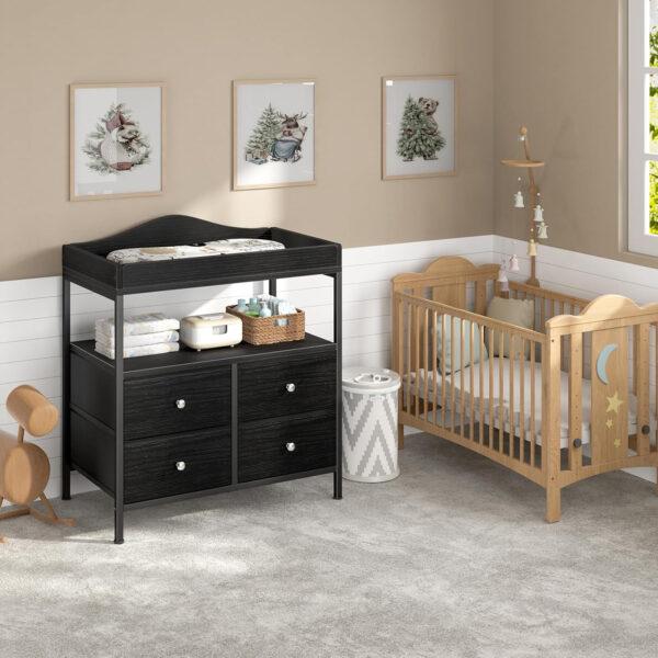 BOLUO Changing Table Dresser with 4 Fabric Drawers and Open Shelf, Baby Dresser with Changing Table Top Diaper Changing Station with Storage for Nursery Modern (White)