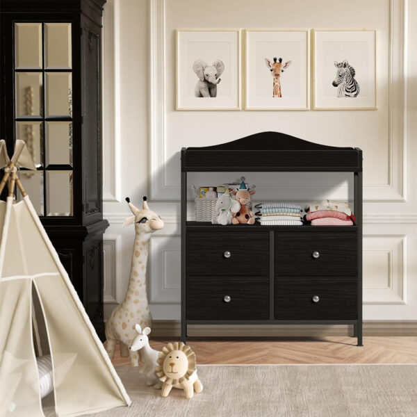 BOLUO Changing Table Dresser with 4 Fabric Drawers and Open Shelf, Baby Dresser with Changing Table Top Diaper Changing Station with Storage for Nursery Modern (White)