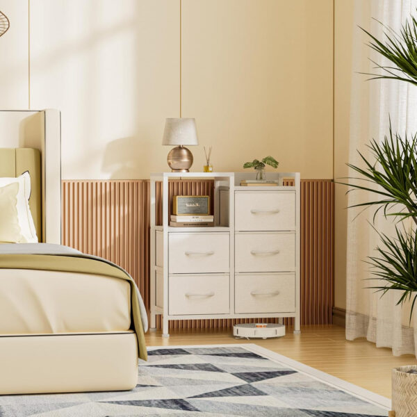 Furnulem 5 Drawer White Dressers for Bedroom 2 Tier Shelf Storage Small Fabric Dresser for Closet Sturdy Metal Frame Modern Style Storage Cabinets Organization Units for Hallway Rooms