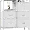 Furnulem 5 Drawer White Dressers for Bedroom 2 Tier Shelf Storage Small Fabric Dresser for Closet Sturdy Metal Frame Modern Style Storage Cabinets Organization Units for Hallway Rooms