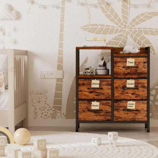 Furnulem 5 Drawer White Dressers for Bedroom 2 Tier Shelf Storage Small Fabric Dresser for Closet Sturdy Metal Frame Modern Style Storage Cabinets Organization Units for Hallway Rooms