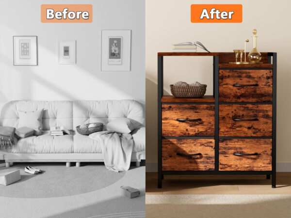 Furnulem 5 Drawer White Dressers for Bedroom 2 Tier Shelf Storage Small Fabric Dresser for Closet Sturdy Metal Frame Modern Style Storage Cabinets Organization Units for Hallway Rooms