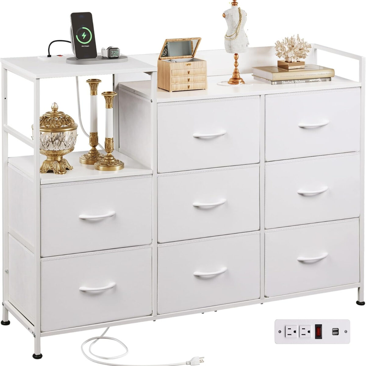 WLIVE White Dresser TV Stand for Bedroom with Charging Station and Open Shelves, Fabric Dresser with 8 Drawers and Wood Top, Wide Storage Chest of Drawers for Living Room, Hallway