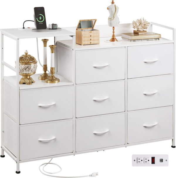 WLIVE White Dresser TV Stand for Bedroom with Charging Station and Open Shelves, Fabric Dresser with 8 Drawers and Wood Top, Wide Storage Chest of Drawers for Living Room, Hallway