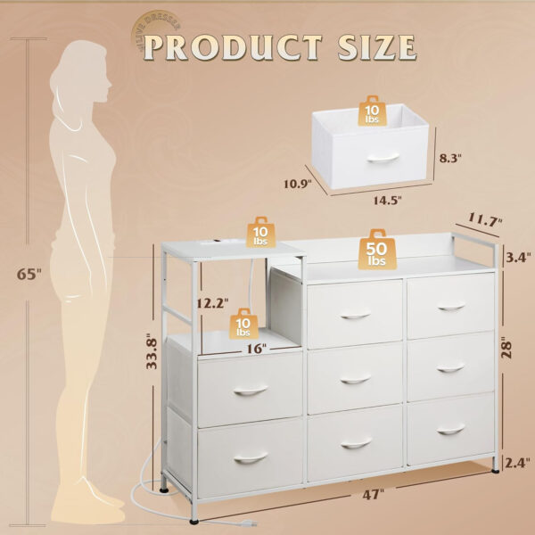 WLIVE White Dresser TV Stand for Bedroom with Charging Station and Open Shelves, Fabric Dresser with 8 Drawers and Wood Top, Wide Storage Chest of Drawers for Living Room, Hallway