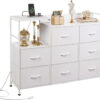 WLIVE White Dresser TV Stand for Bedroom with Charging Station and Open Shelves, Fabric Dresser with 8 Drawers and Wood Top, Wide Storage Chest of Drawers for Living Room, Hallway