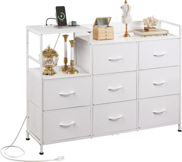 WLIVE White Dresser TV Stand for Bedroom with Charging Station and Open Shelves, Fabric Dresser with 8 Drawers and Wood Top, Wide Storage Chest of Drawers for Living Room, Hallway