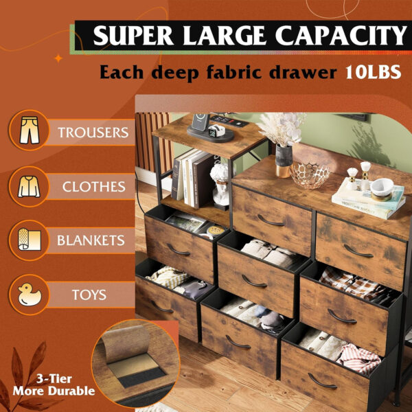 WLIVE White Dresser TV Stand for Bedroom with Charging Station and Open Shelves, Fabric Dresser with 8 Drawers and Wood Top, Wide Storage Chest of Drawers for Living Room, Hallway