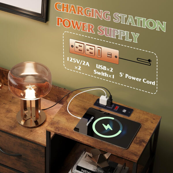 WLIVE White Dresser TV Stand for Bedroom with Charging Station and Open Shelves, Fabric Dresser with 8 Drawers and Wood Top, Wide Storage Chest of Drawers for Living Room, Hallway