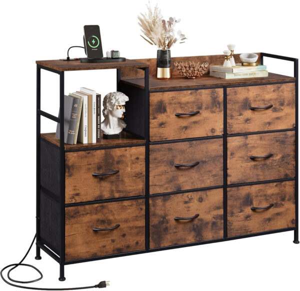 WLIVE White Dresser TV Stand for Bedroom with Charging Station and Open Shelves, Fabric Dresser with 8 Drawers and Wood Top, Wide Storage Chest of Drawers for Living Room, Hallway
