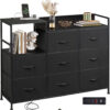 WLIVE White Dresser TV Stand for Bedroom with Charging Station and Open Shelves, Fabric Dresser with 8 Drawers and Wood Top, Wide Storage Chest of Drawers for Living Room, Hallway
